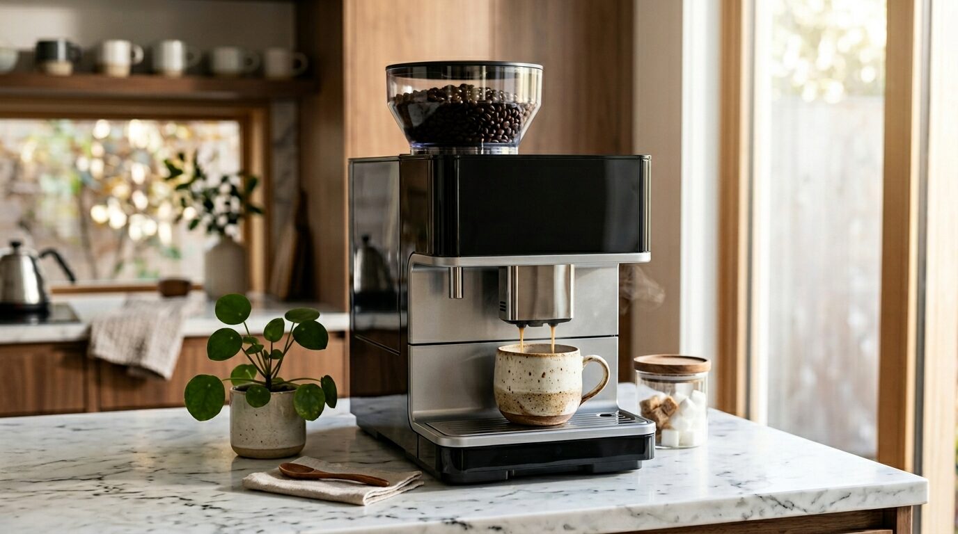日本の明るいキッチンに置かれた、豆がたっぷり入った大容量ホッパー搭載の全自動コーヒーメーカー。朝の時間帯にボタンを押すだけで挽きたてのコーヒーが楽しめる、快適なコーヒータイムを表現したアイキャッチ画像。