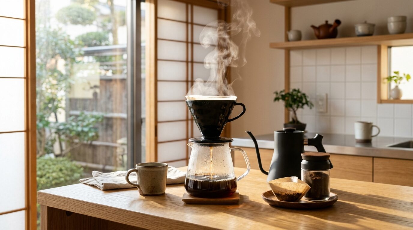 朝日が差し込むキッチンカウンターに置かれた現代的なドリップ式コーヒーメーカー