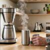 カップや水筒に直接ドリップできるコーヒーメーカーで朝のコーヒーを淹れる忙しいビジネスパーソンの手元