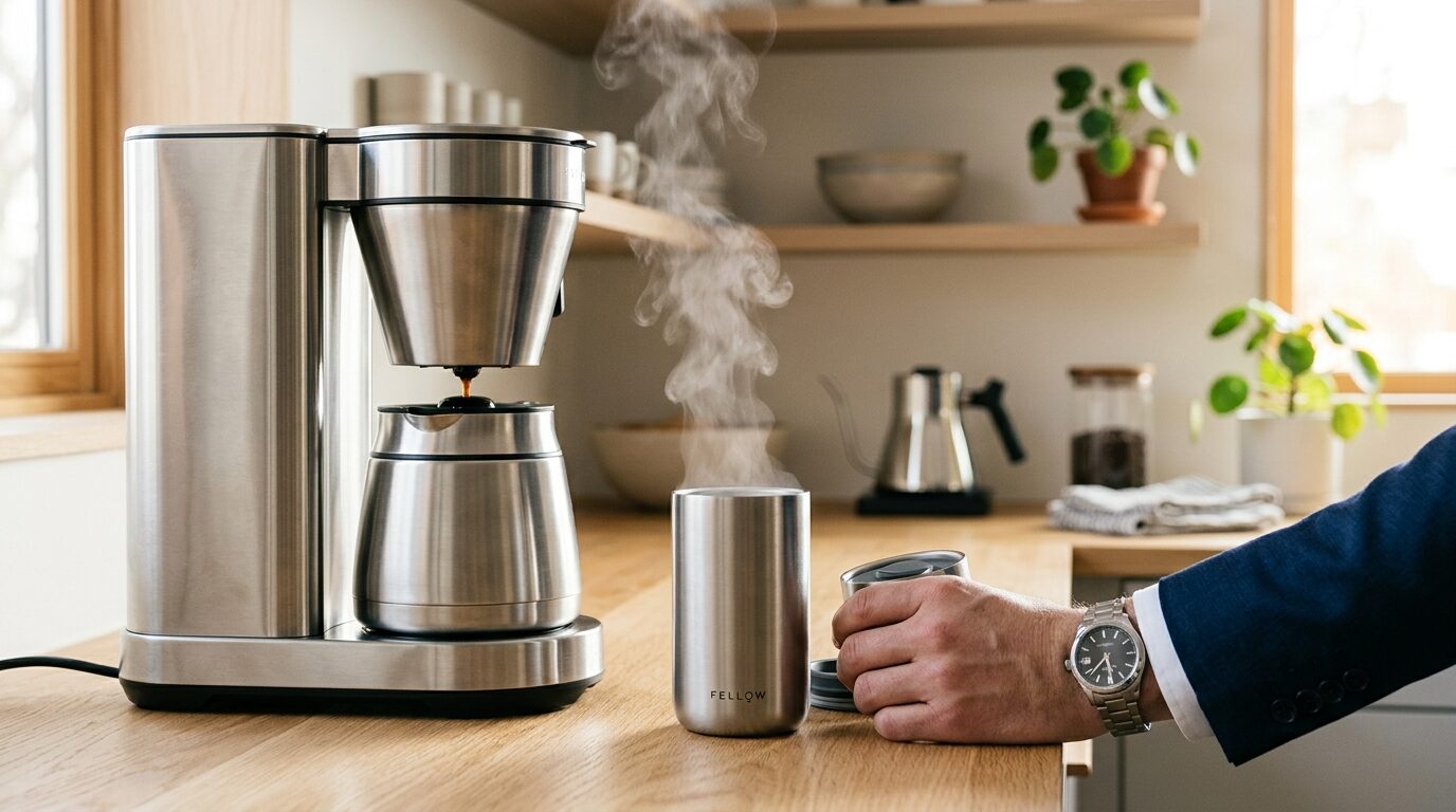 カップや水筒に直接ドリップできるコーヒーメーカーで朝のコーヒーを淹れる忙しいビジネスパーソンの手元