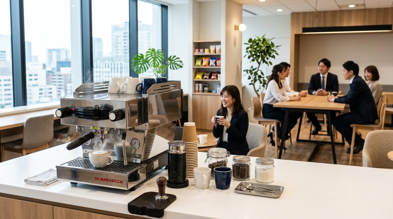 オフィス休憩室に設置された業務用コーヒーメーカーと快適な空間