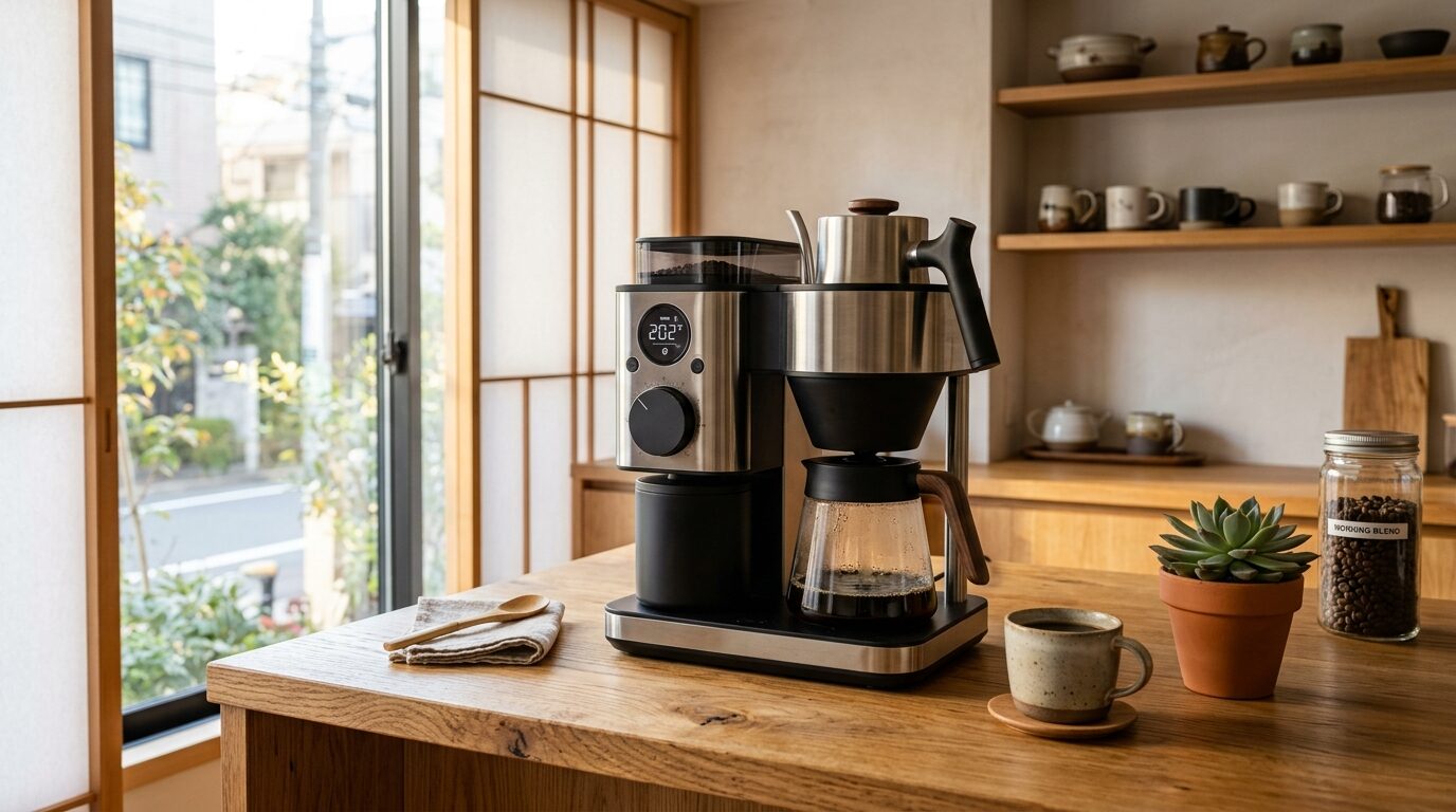 朝の光が差し込むシンプルで洗練された日本のモダンバストイレに置かれた、おしゃれなデザイン性のコーヒーメーカーを中心にした温かい雰囲気の一枚。観葉植物とマグカップが並ぶ心地よい朝のコーヒータイムを演出している