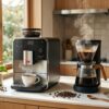 ミル付きとミルなしのコーヒーメーカーを並べた朝のキッチン風景