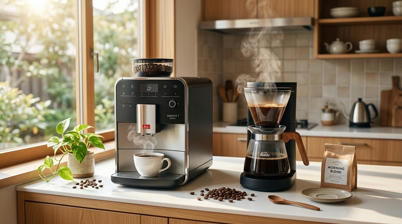 ミル付きとミルなしのコーヒーメーカーを並べた朝のキッチン風景