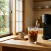 朝の光が差し込むキッチンカウンターに置かれた、結露したアイスコーヒーと最新のコーヒーメーカー