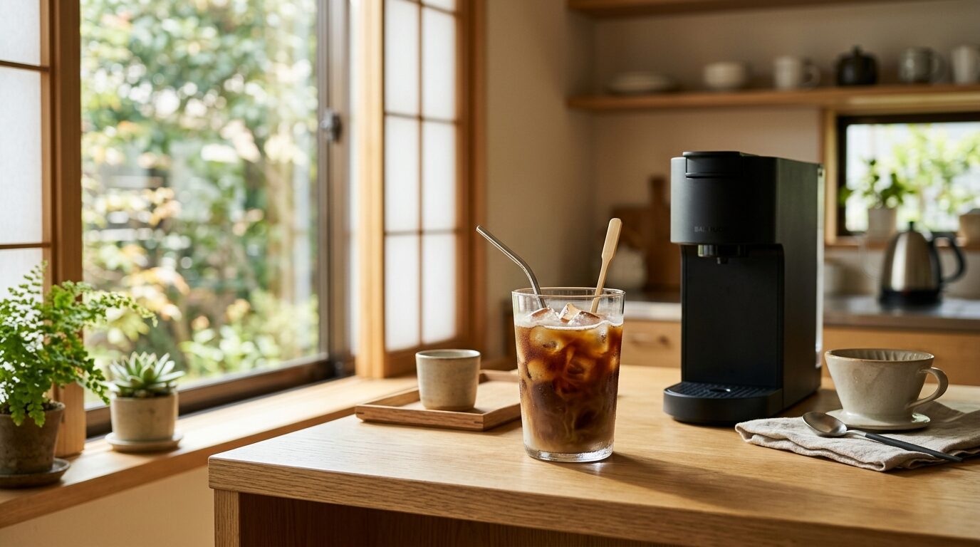 朝の光が差し込むキッチンカウンターに置かれた、結露したアイスコーヒーと最新のコーヒーメーカー
