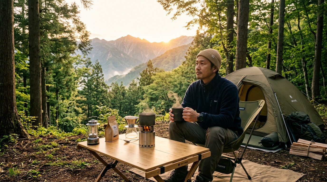 「日本人の男性がキャンプ場の朝日の中で、ポータブルコーヒーメーカーで淹れたコーヒーを楽しみながら静かに過ごしている様子。キャンプや車中泊でのコーヒー時間の格別さを表現した、自然に囲まれた朝の風景」
