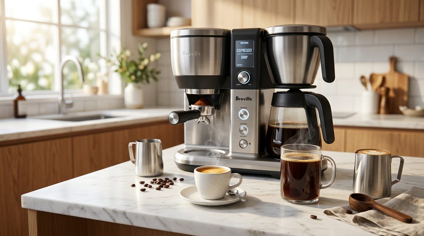 エスプレッソとドリップコーヒーを同時に楽しめる兼用コーヒーメーカーのあるモダンなキッチンカウンター