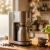 木製カウンターに置かれたステンレスポット付きの保温機能付きコーヒーメーカーから立ち上る湯気と、朝の温かい光が差し込む居心地の良い Morning kitchen の風景。