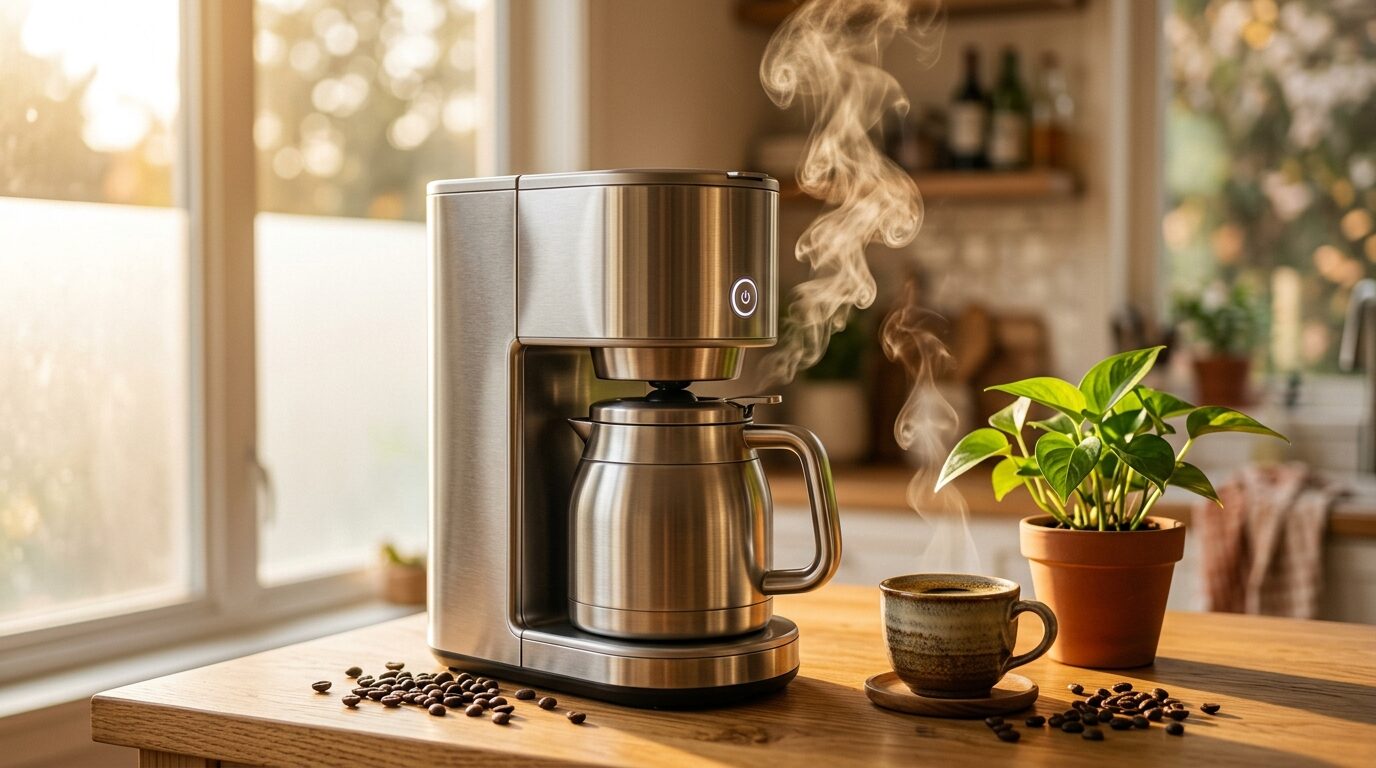木製カウンターに置かれたステンレスポット付きの保温機能付きコーヒーメーカーから立ち上る湯気と、朝の温かい光が差し込む居心地の良い Morning kitchen の風景。