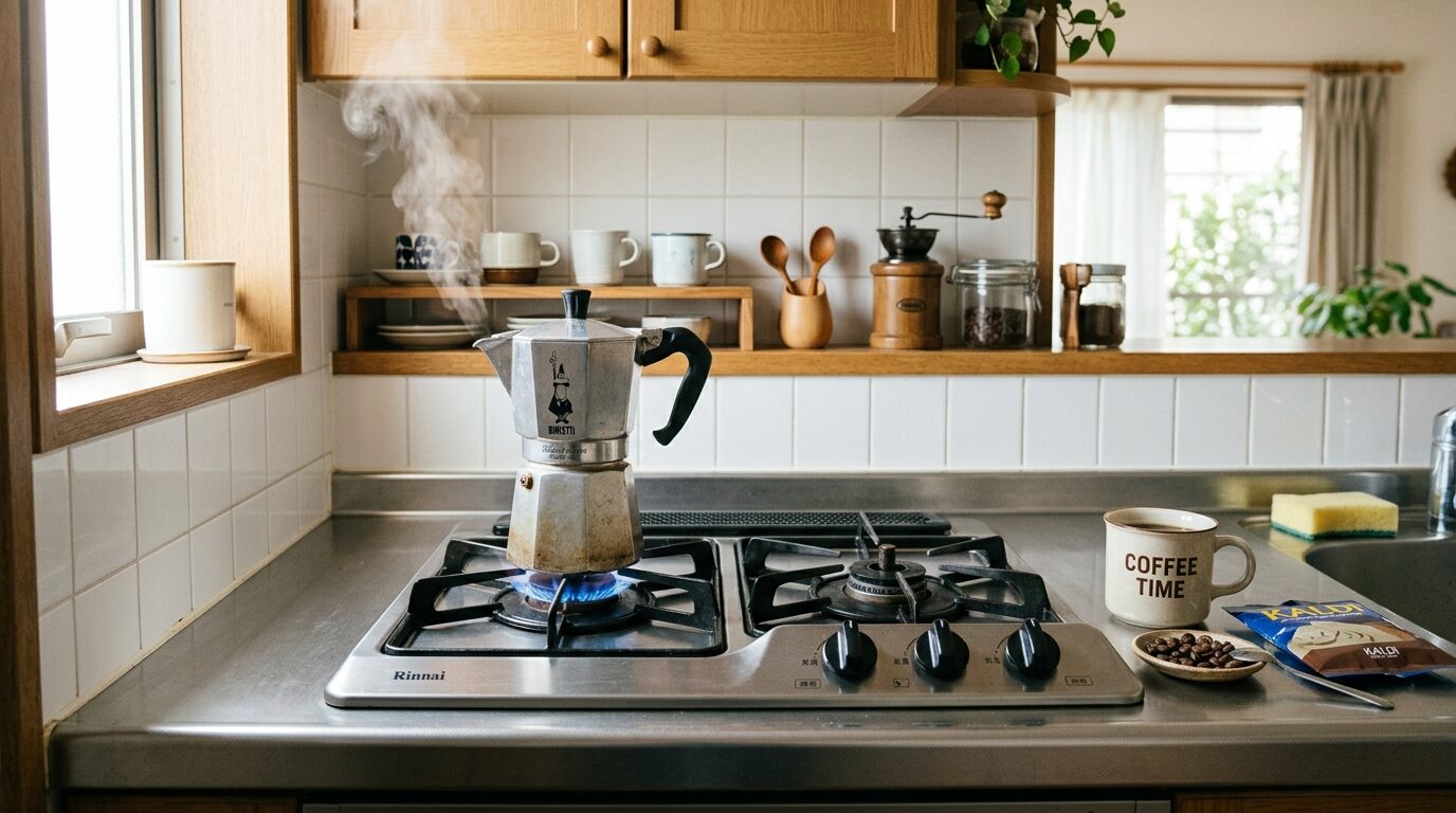 ガスコンロで抽出中のマキネッタと散らばったコーヒー豆のある朝の温かいキッチン風景