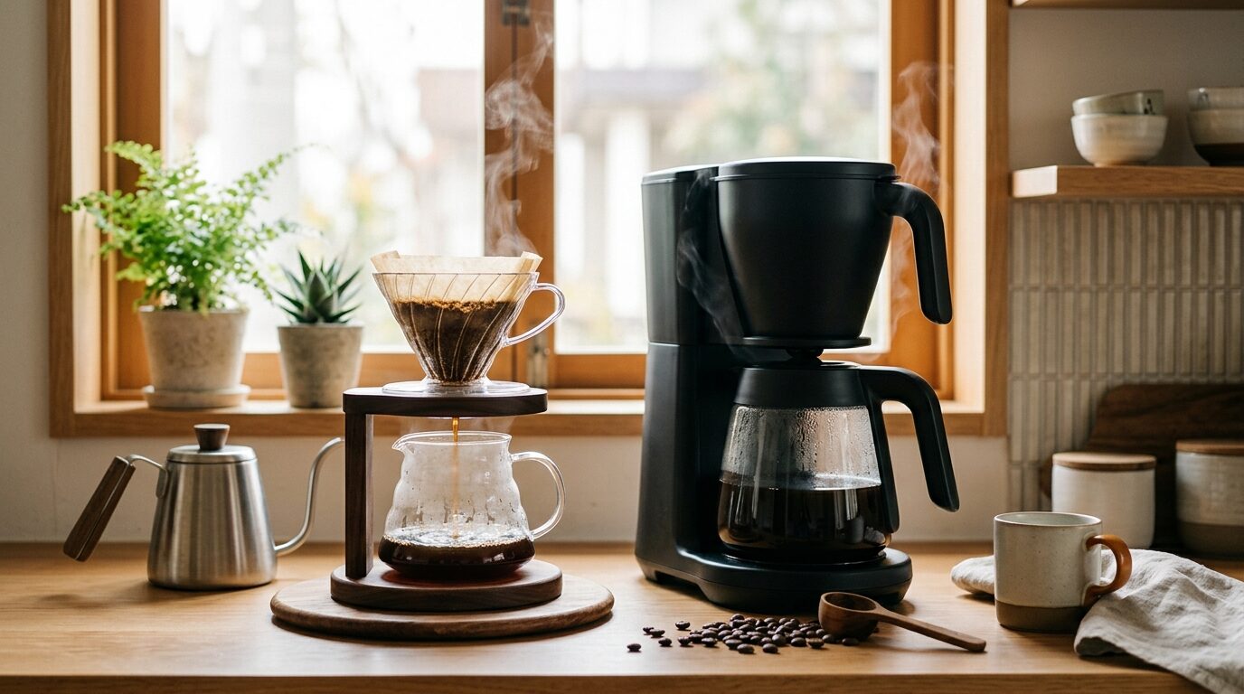 ハンドドリップとコーヒーメーカーが並ぶ温かいキッチンカウンター、朝の光が差し込む本格的なコーヒータイム