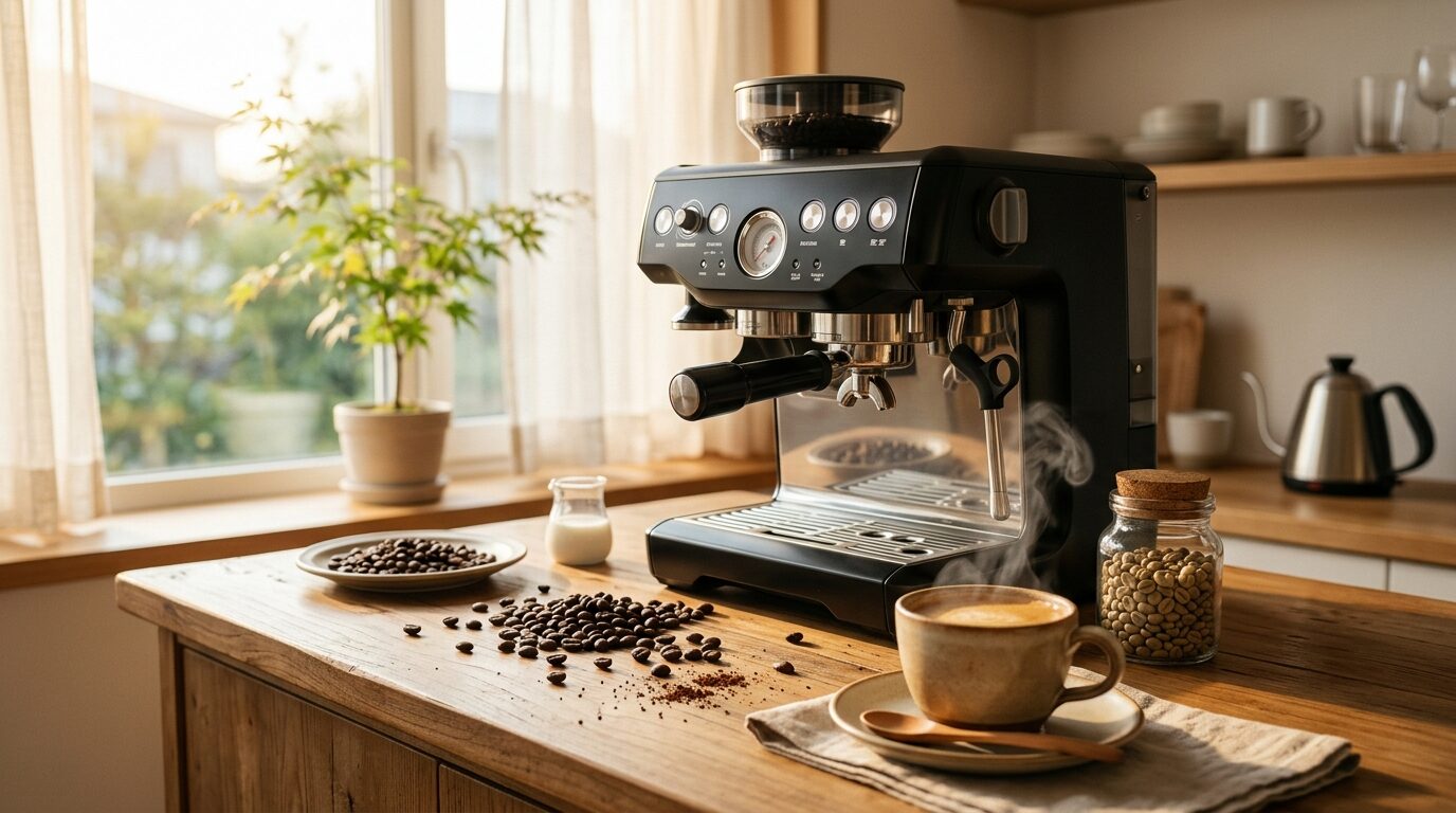 朝日が差し込むモダンな日本風のキッチンに置かれた焙煎機能付きコーヒーメーカーと生豆、湯気の立つコーヒーカップのある朝の風景
