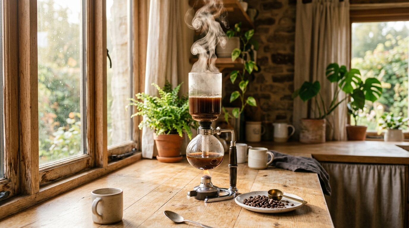 木製カウンターに置かれたガラス製サイフォン式コーヒーメーカーから立ち上る湯気と、暖かい朝の光が差し込む心地良いおうちカフェの雰囲気
