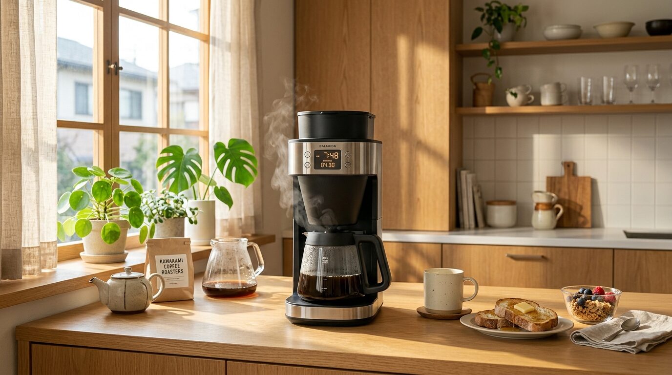 タイマー付き全自動コーヒーメーカーから朝の光を浴びながら湯気が立ち上る温かいコーヒー