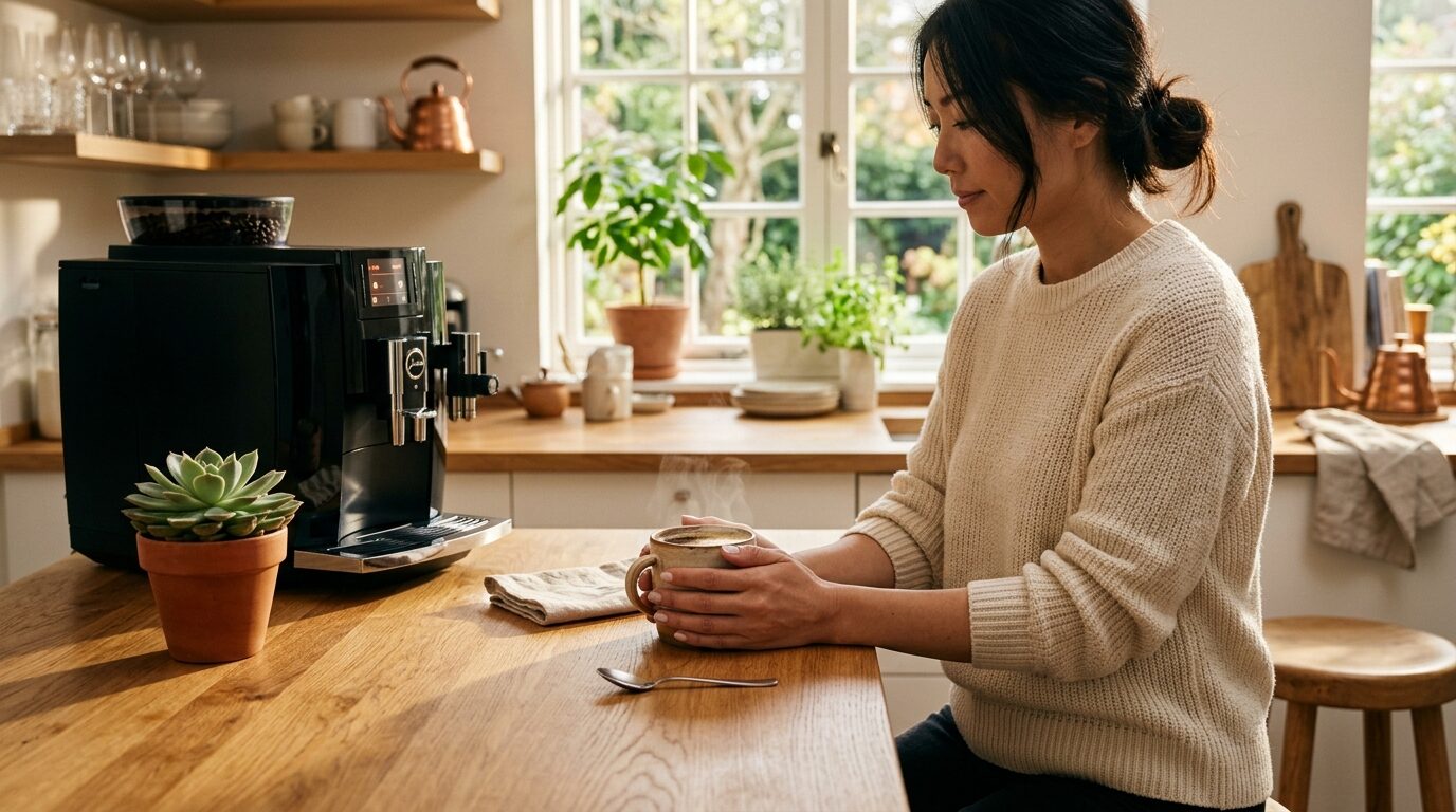 朝日が差し込むキッチンで淹れたてのコーヒーを楽しむ朝のひととき