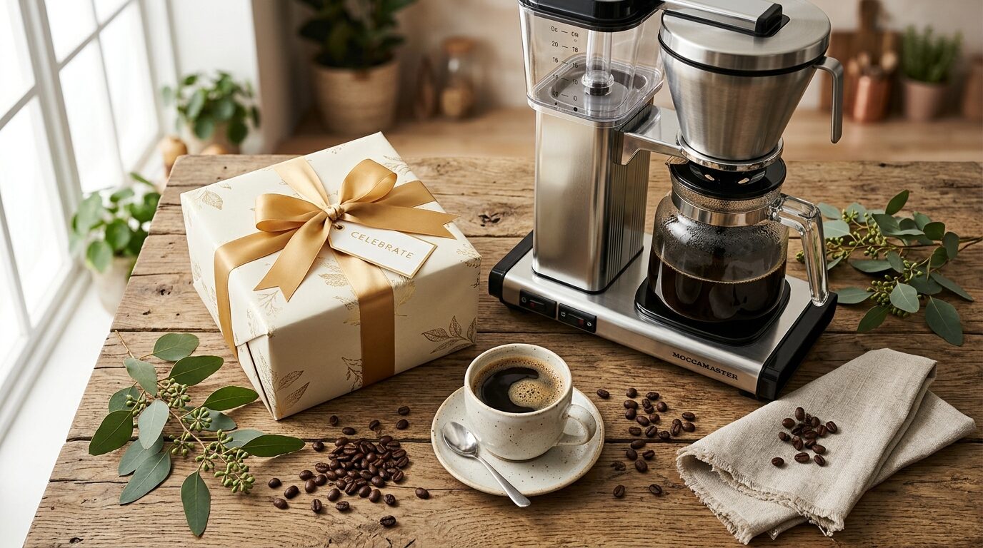 ゴールドサテンリボンのギフトボックスと新鮮なコーヒーのあるプレミアムな平置き撮影、お祝いのコーヒーギフトガイドの表紙