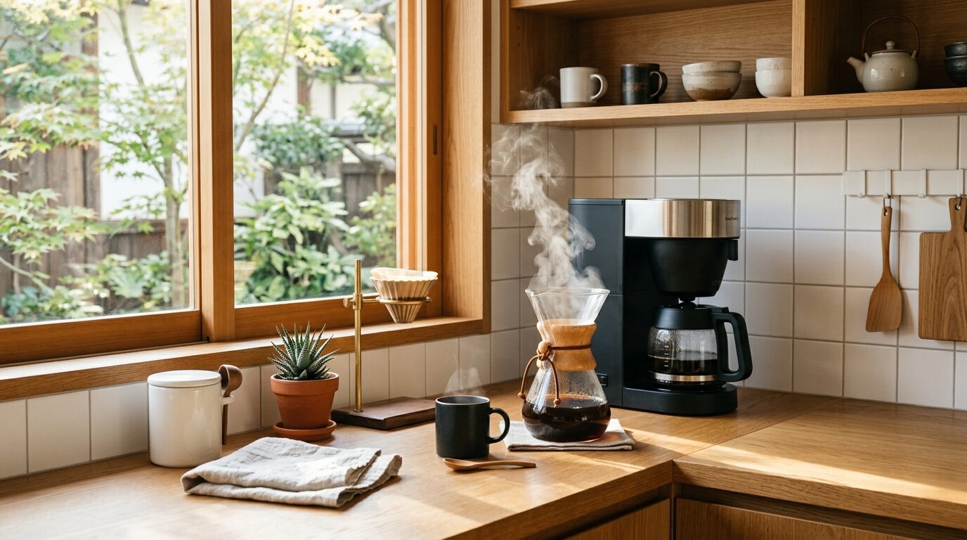 朝日が差し込む清潔なキッチンカウンターに置かれた洗練されたコーヒーメーカーとガラスカラフェから立ち上る湯気