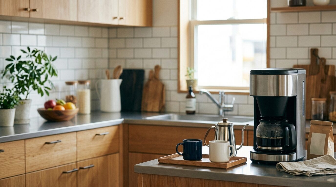 温かみのある日本のキッチンでコーヒーメーカーのある風景