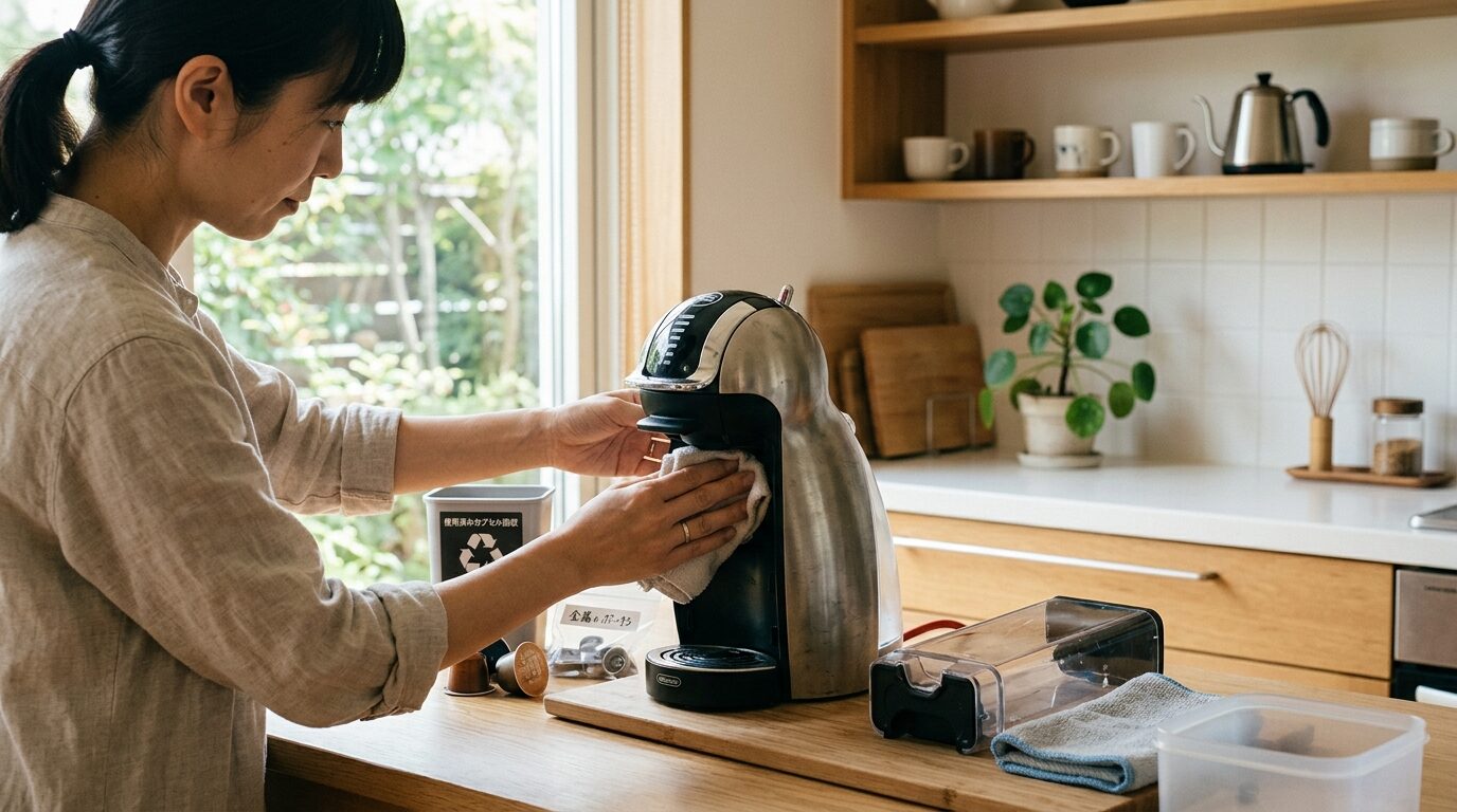 キッチンでコーヒーメーカーを丁寧に準備する日本人の手元、処分前のお手入れシーン