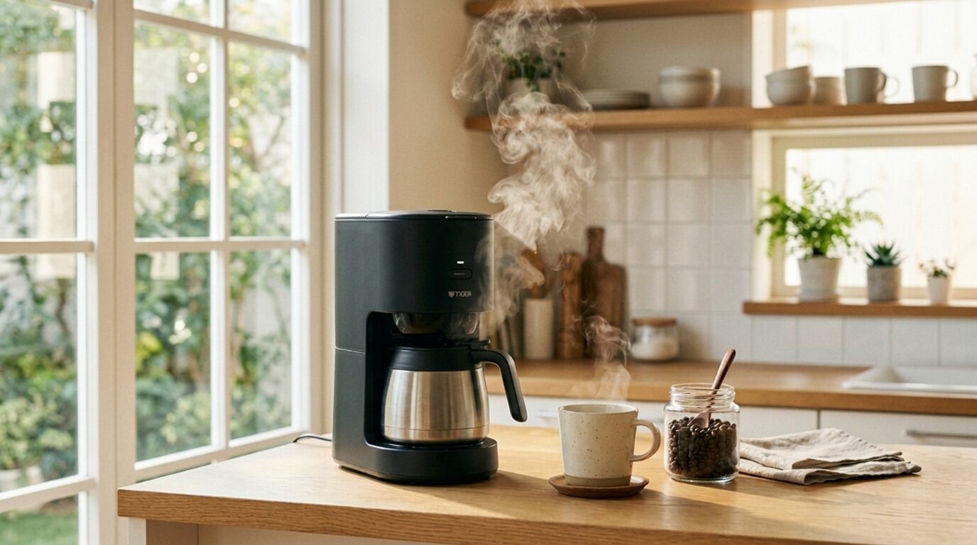 タイガーコーヒーメーカーのある明るいキッチンで淹れたての珈琲を楽しむ朝の風景