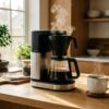 朝の光が差し込むキッチンカウンターに置かれた高級コーヒーメーカーと湯気の立つコーヒーカップ