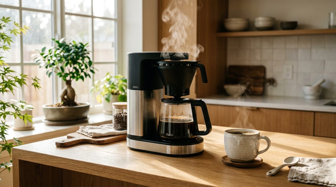 朝の光が差し込むキッチンカウンターに置かれた高級コーヒーメーカーと湯気の立つコーヒーカップ