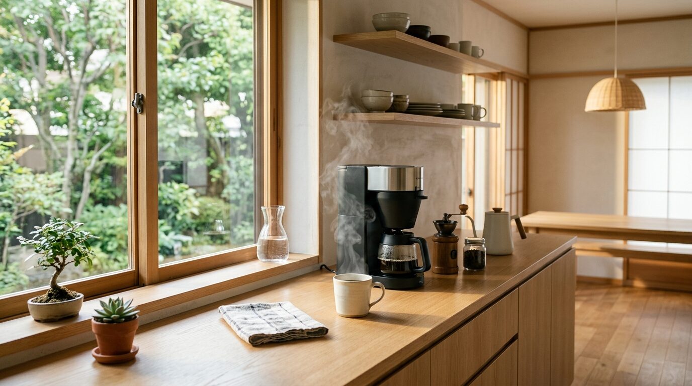 静かなコーヒーメーカーで淹れる朝のコーヒーと穏やかなキッチン風景