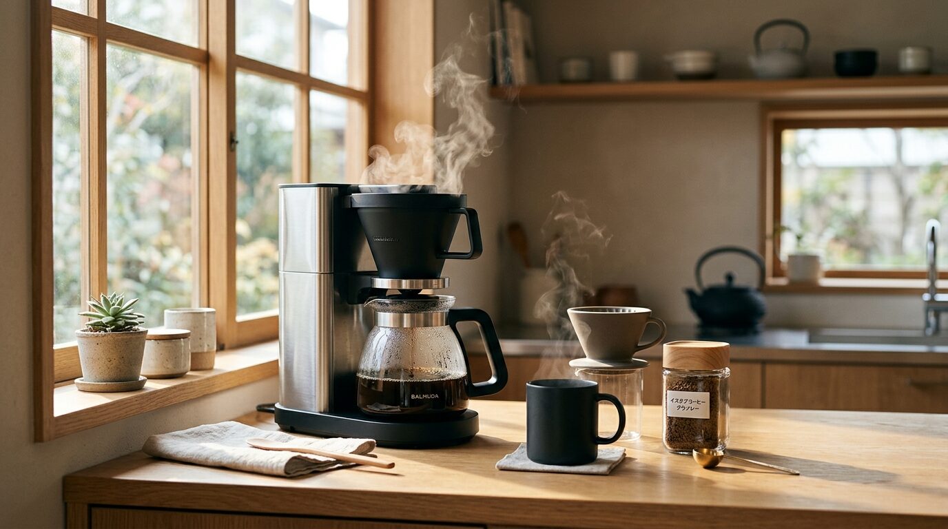 モダンなキッチンに並ぶドリップコーヒーメーカーとインスタントコーヒー瓶の比較画像