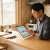 朝日の差し込む明るいキッチンカウンターで、タブレット端末を使ってバリスタの交換部品を慎重に調べている日本人の男性