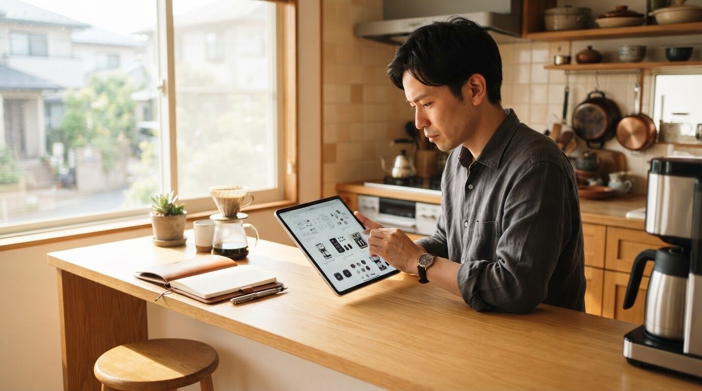 朝日の差し込む明るいキッチンカウンターで、タブレット端末を使ってバリスタの交換部品を慎重に調べている日本人の男性