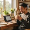 朝のホームオフィスで湯気立つコーヒーを両手で包み、満足げに微笑む日本人男性。テレワークで淹れたての美味しさを長時間楽しむ朝の風景。