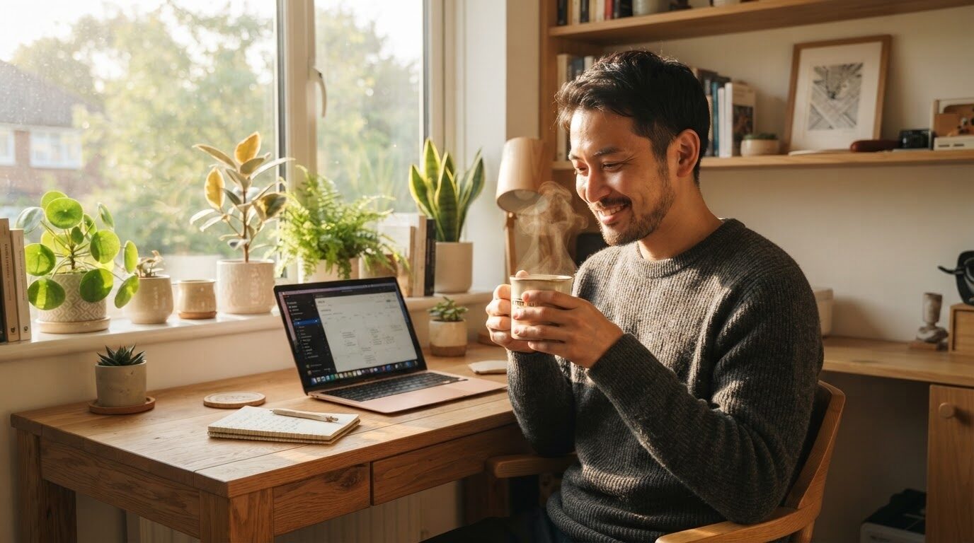 朝のホームオフィスで湯気立つコーヒーを両手で包み、満足げに微笑む日本人男性。テレワークで淹れたての美味しさを長時間楽しむ朝の風景。
