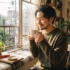 朝日の中で温かいコーヒーを持った日本人が、ほっと安らぎの表情で朝のコーヒータイムを過ごしている様子