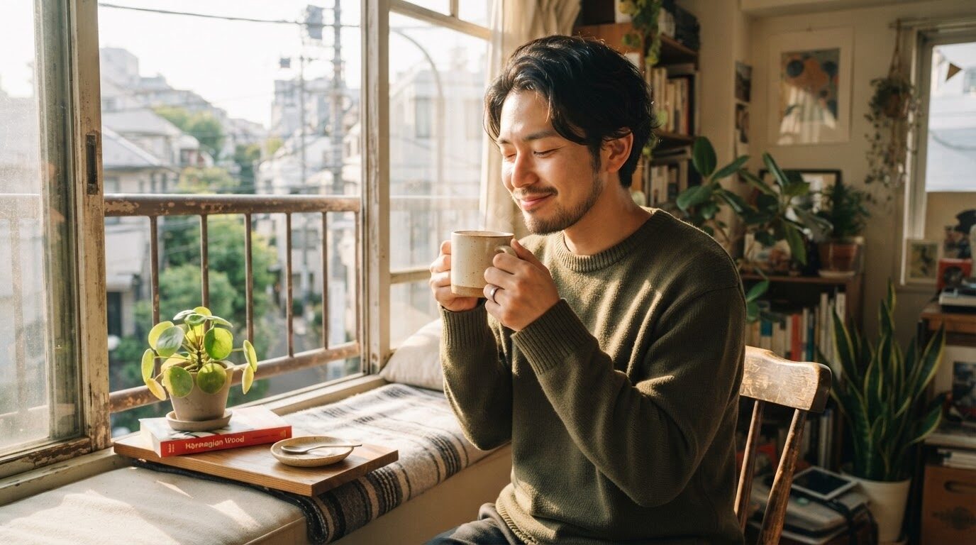 朝日の中で温かいコーヒーを持った日本人が、ほっと安らぎの表情で朝のコーヒータイムを過ごしている様子
