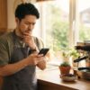 ミルが動かなくなったコーヒーメーカーの前で、困った表情でスマートフォンを見つめる日本人男性。故障の原因確認を始める朝のシーン