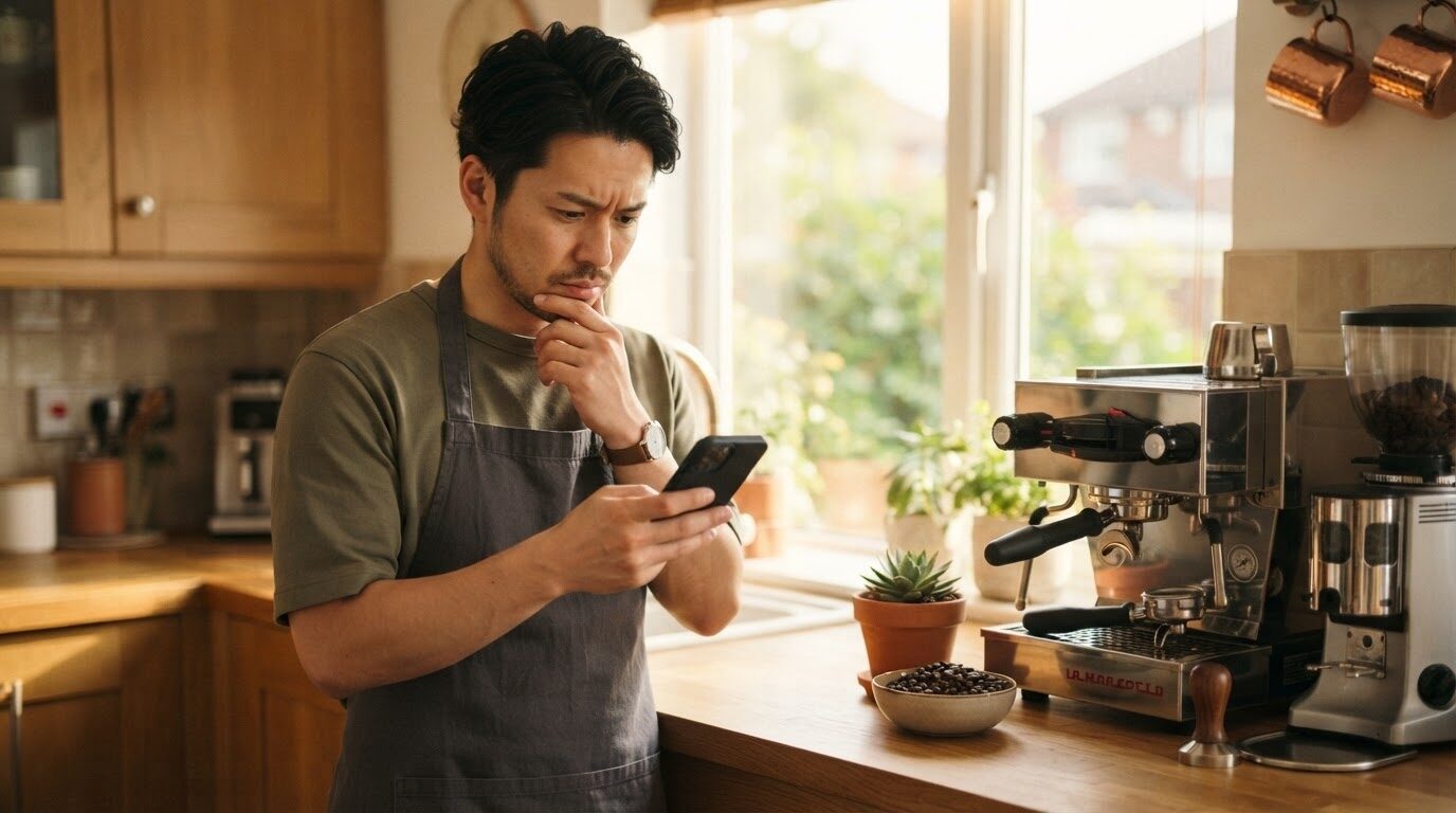 ミルが動かなくなったコーヒーメーカーの前で、困った表情でスマートフォンを見つめる日本人男性。故障の原因確認を始める朝のシーン