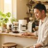 朝のキッチンカウンターで3種類のコーヒーメーカーを比較検討する日本人男性
