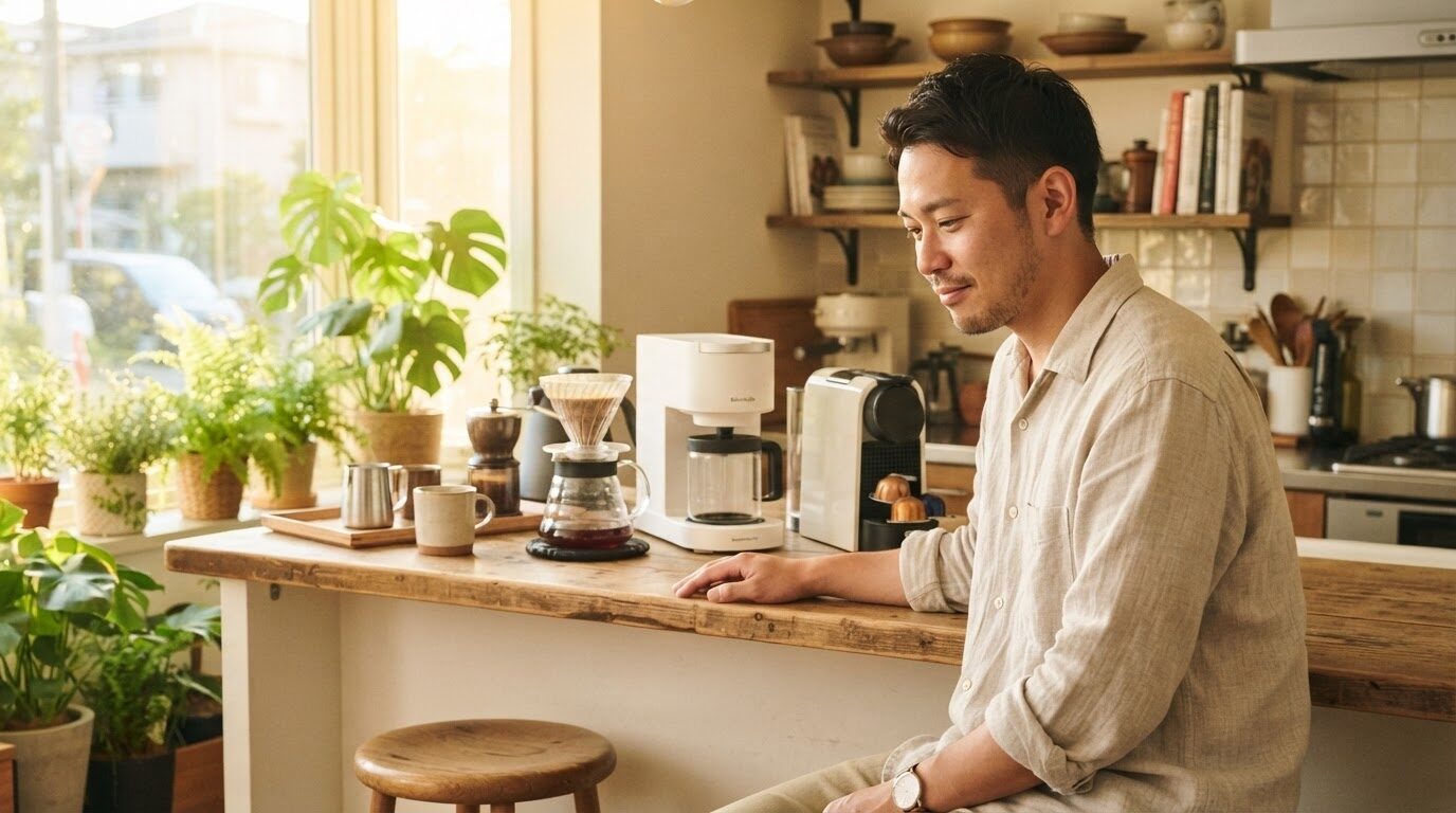 朝のキッチンカウンターで3種類のコーヒーメーカーを比較検討する日本人男性