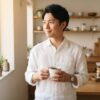 朝日が差し込む朝のキッチンで、淹れたてのコーヒーを手に静かに微笑む日本人男性