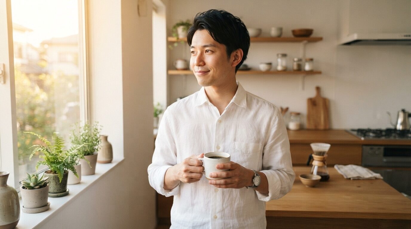 朝日が差し込む朝のキッチンで、淹れたてのコーヒーを手に静かに微笑む日本人男性
