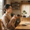 朝のキッチンでマグカップを両手で包み、静かに考える日本人。豆と粉の選択に迷う読者の心情を反映した、温かく穏やかな朝の雰囲気のシーン。