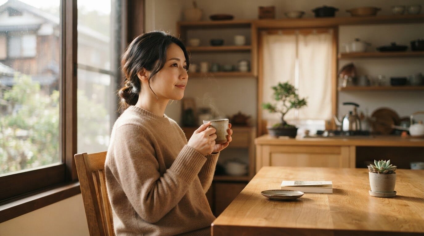朝のキッチンでマグカップを両手で包み、静かに考える日本人。豆と粉の選択に迷う読者の心情を反映した、温かく穏やかな朝の雰囲気のシーン。