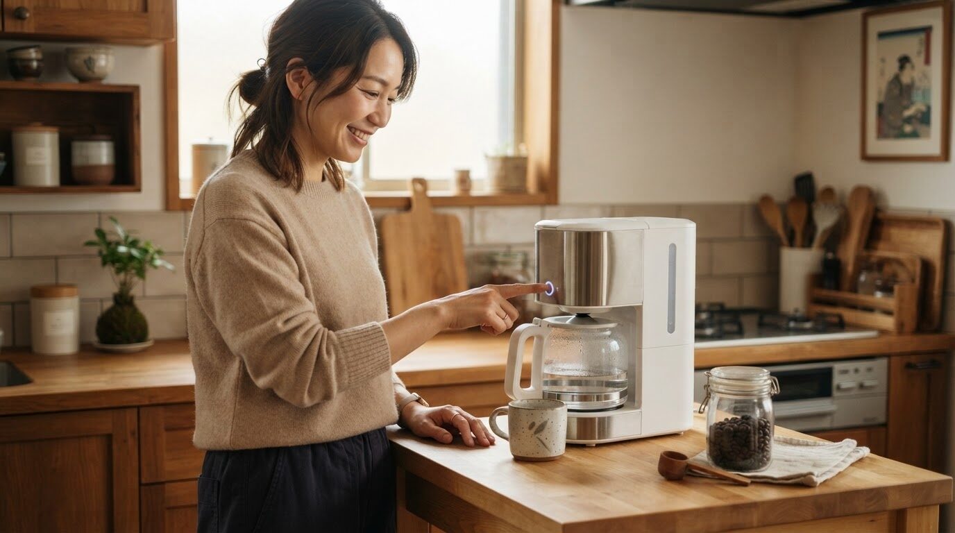 朝のキッチンで電動コーヒーメーカーのボタンを押す女性