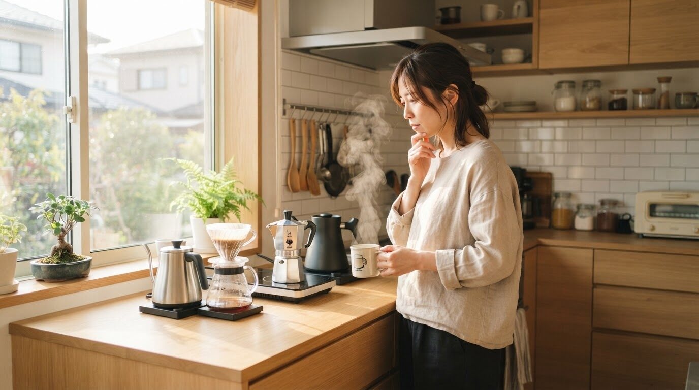 山善の3つのコーヒーメーカーを前に、朝のキッチンで比較検討する日本人女性。購入前の悩みに寄り添うアイキャッチ画像。