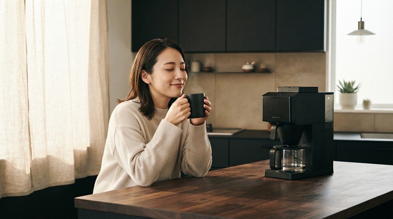 マットブラックの全自動コーヒーメーカーとガラスカラフェが置かれた明るいモダンミニマリストのキッチンで、温かいセラミックマグを両手で包み込みながら満足そうに微笑む30代の日本人女性の朝のコーヒータイム風景