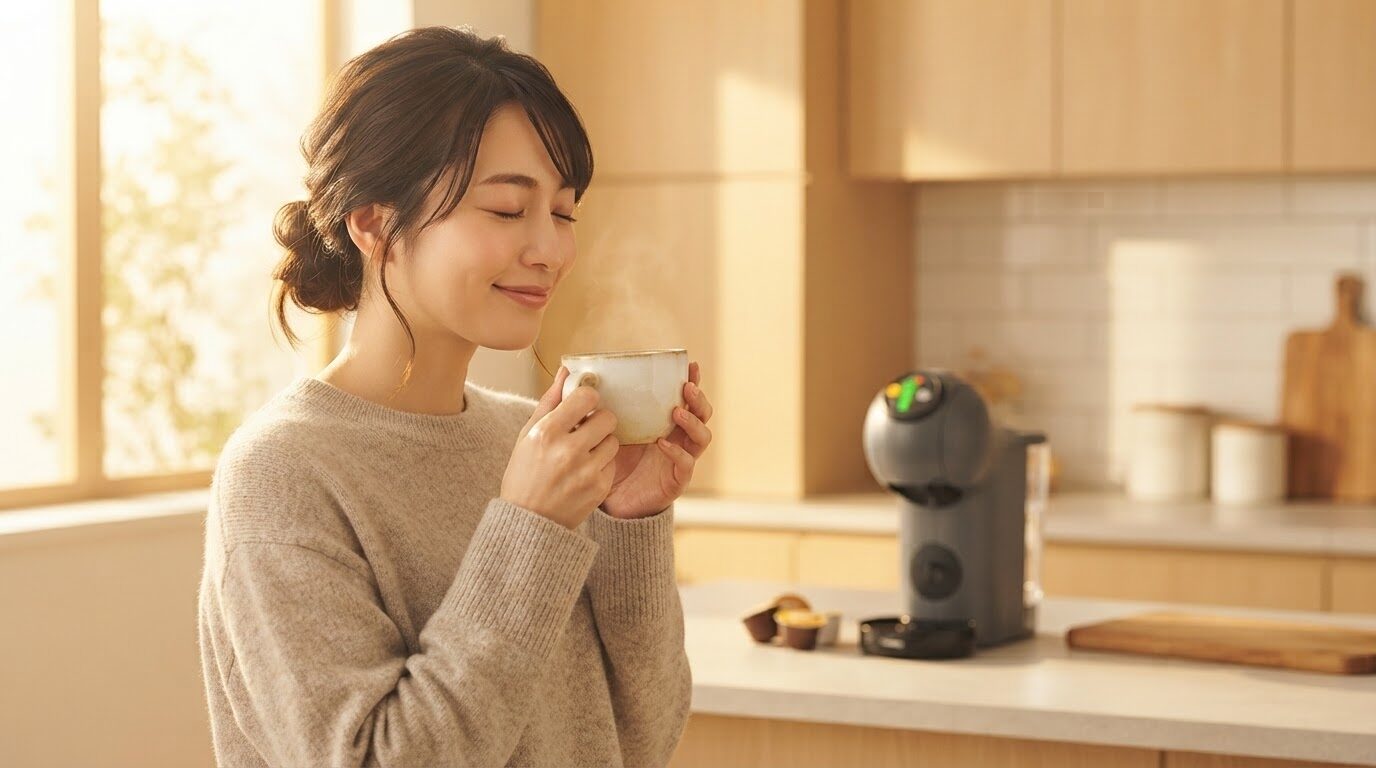 朝陽が差し込む明るいキッチンで、温かいコーヒーを両手で穏やかに抱える日本人女性の後ろにドルチェグスト本体が見える、ドルチェグストのある朝の始まりを表現するアイキャッチ画像。