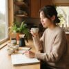 薄くなったコーヒーの味の原因を確認するため、明るいキッチンでテイスティングカップを見つめる日本人女性の朝の風景」