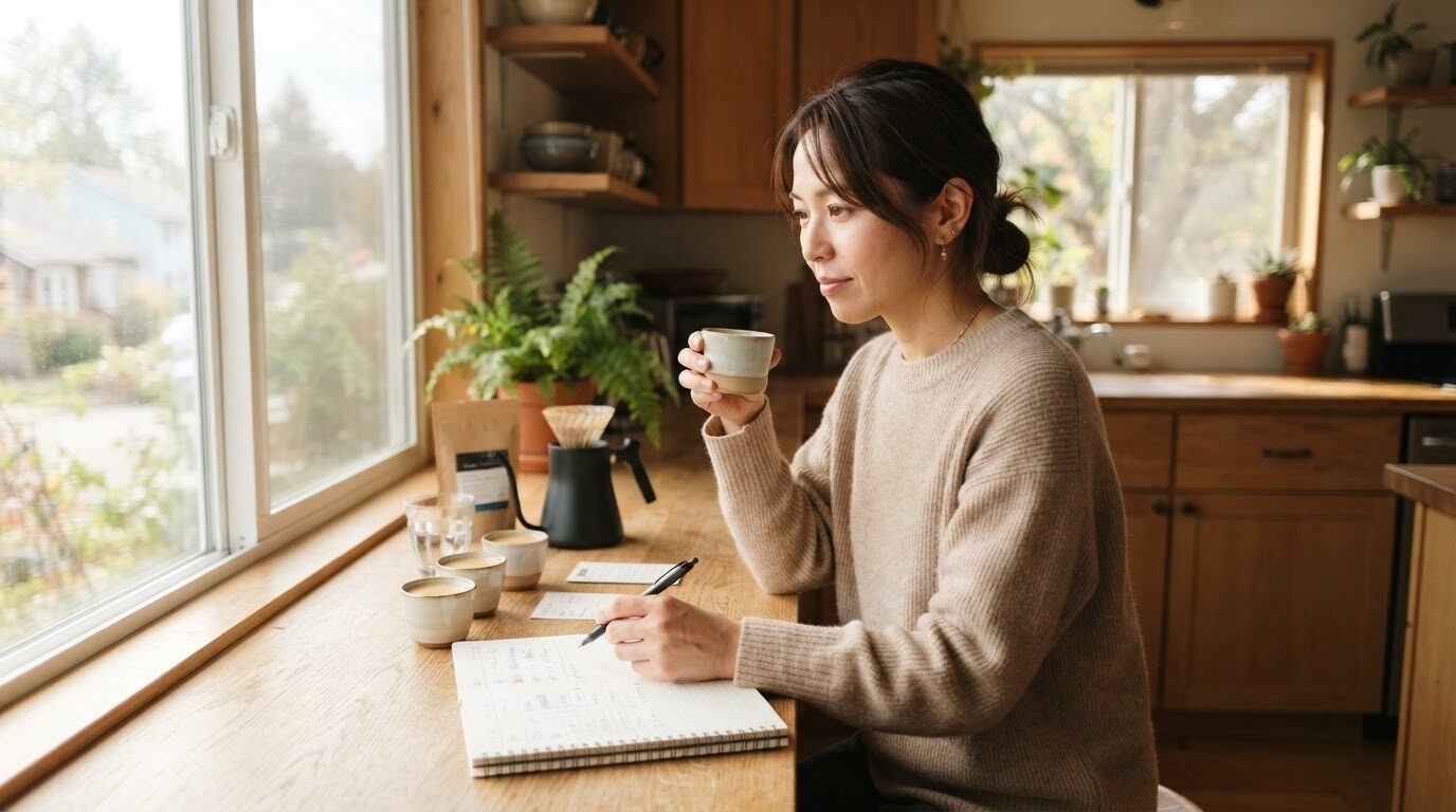 薄くなったコーヒーの味の原因を確認するため、明るいキッチンでテイスティングカップを見つめる日本人女性の朝の風景」