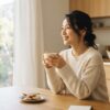 「朝のキッチンで白いコーヒーカップを手にした日本人女性が穏やかに微笑んでいる様子。記事の全体テーマを示すアイキャッチ画像」